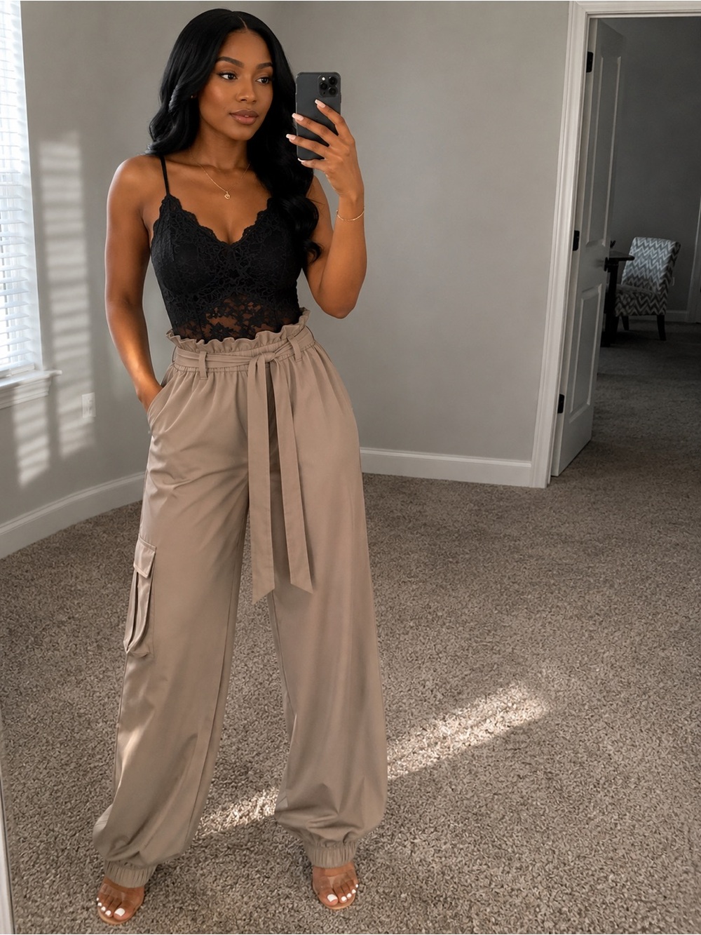 Haute Monde Taupe Paperbag Cargo Jumpsuit with Self-Tie Belt